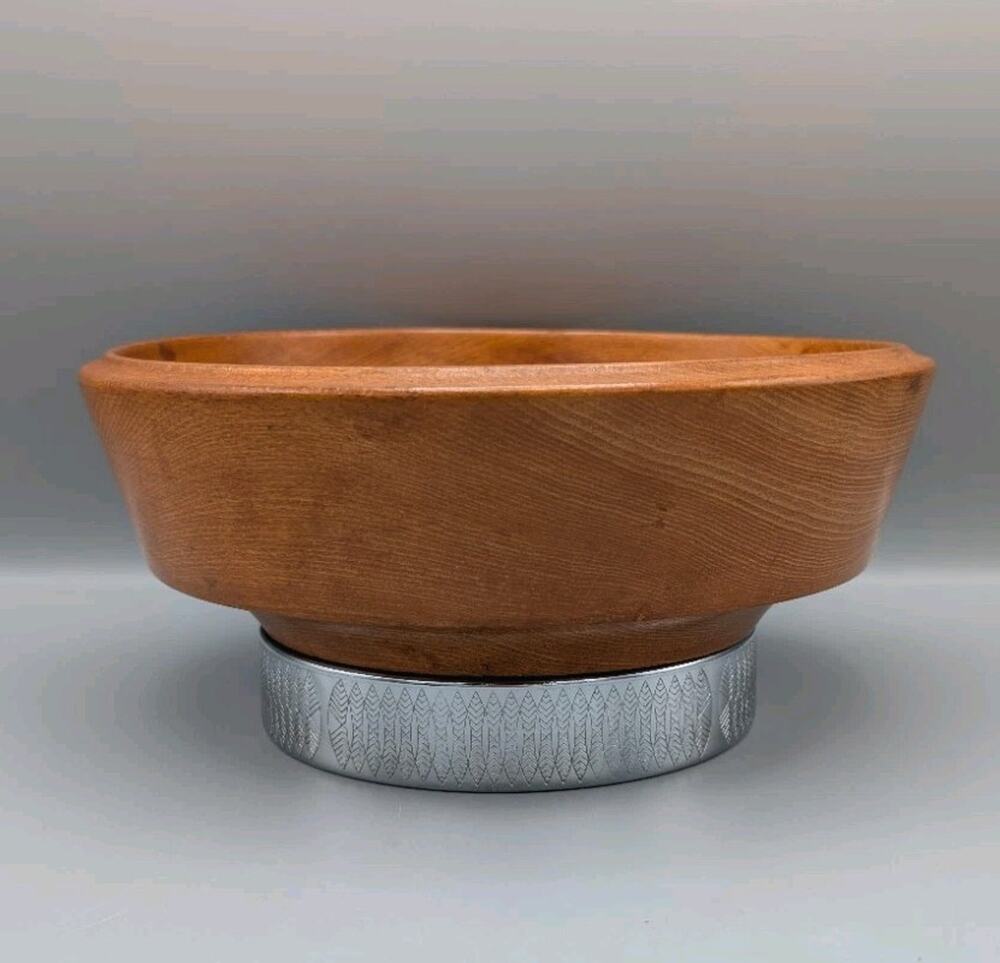 Vintage MCM Hellerware Wood Chrome Pedestal Salad Bowl 9" Serving Dish Center